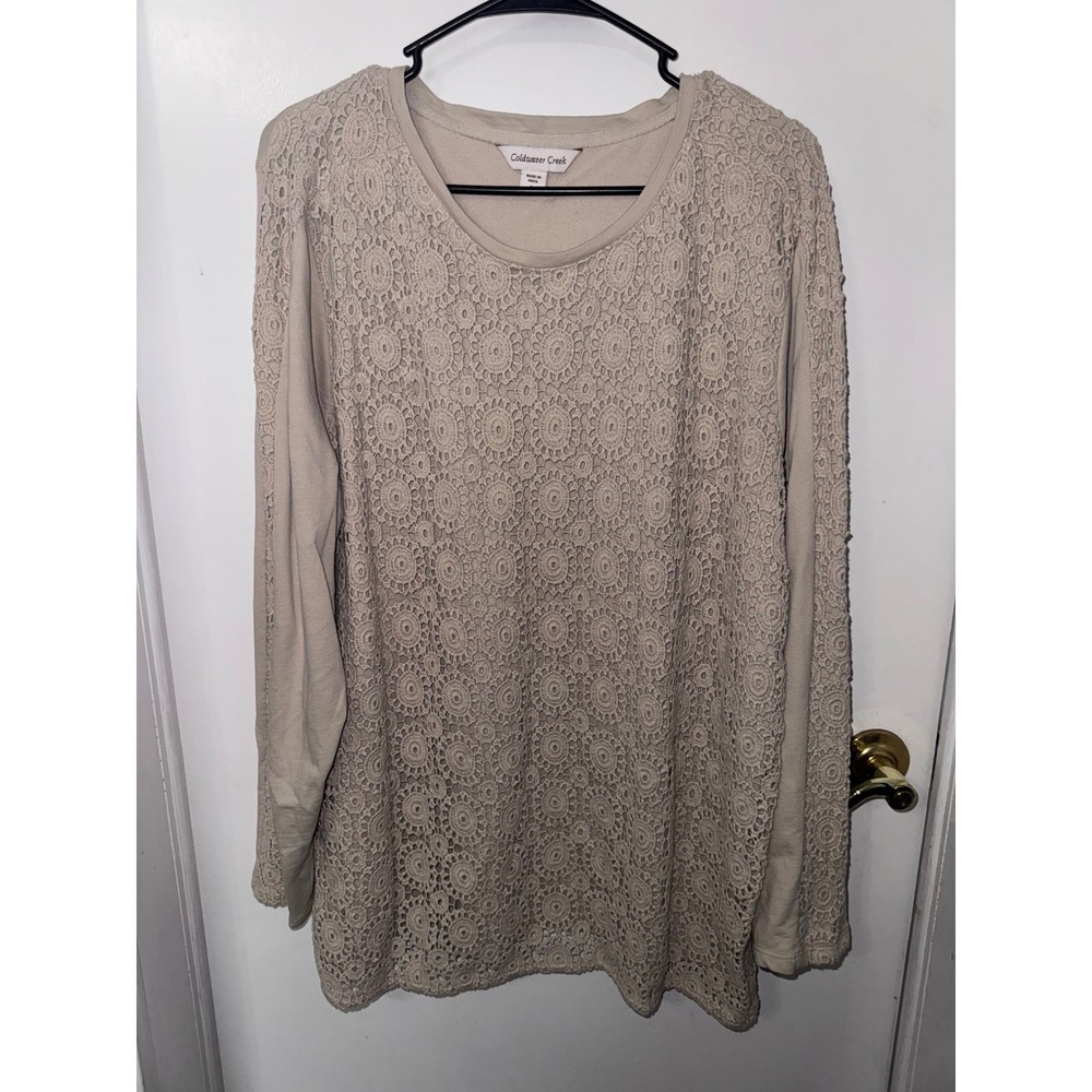 Coldwater Creek Tan Crochet Lace Front Long Sleeve Knit Top Large